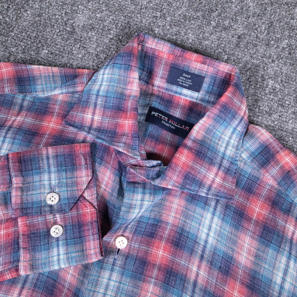 Peter Millar 100% Linen Shirt Mens Small Cora Blue Plaid Button Up NWT
